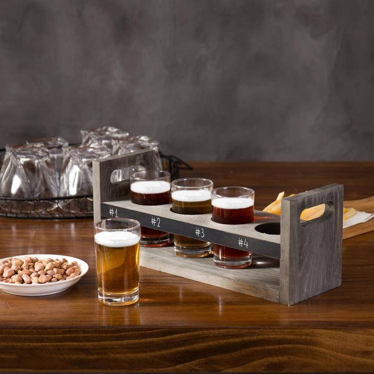 Vintage Gray Wood Beer Flight  5-Pc Tasting Set with Chalkboard Panels & 4 Tasting Glasses - Mygiftss Enterprise LLC