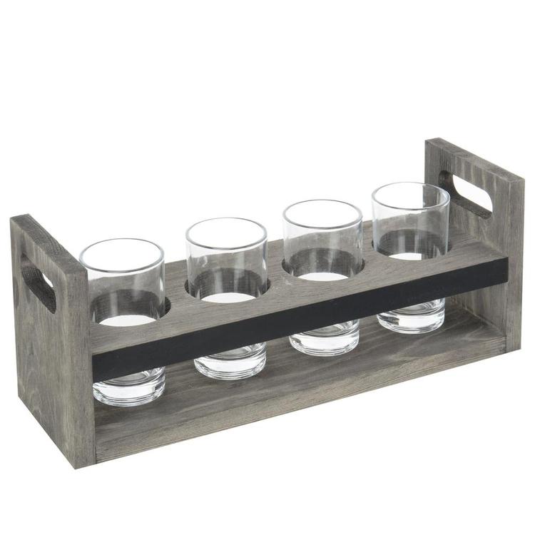 Vintage Gray Wood Beer Flight  5-Pc Tasting Set with Chalkboard Panels & 4 Tasting Glasses - Mygiftss Enterprise LLC