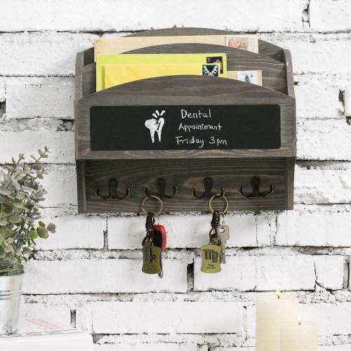 Vintage Gray Wood Entryway Organizer with Chalkboard and Key Hooks - Mygiftss