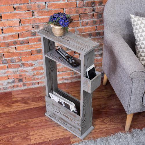 Vintage Gray Wood Side Table with Magazine Holder - Mygiftss