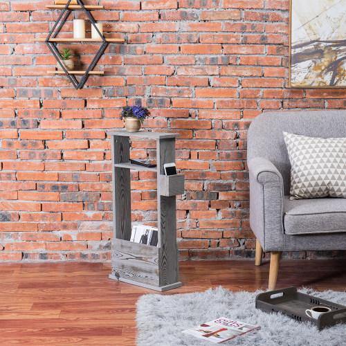 Vintage Gray Wood Side Table with Magazine Holder - Mygiftss