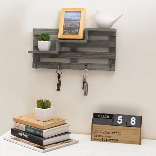 Vintage Gray Wood Wall-Mounted Stair Display Shelf with Key Hooks - Mygiftss