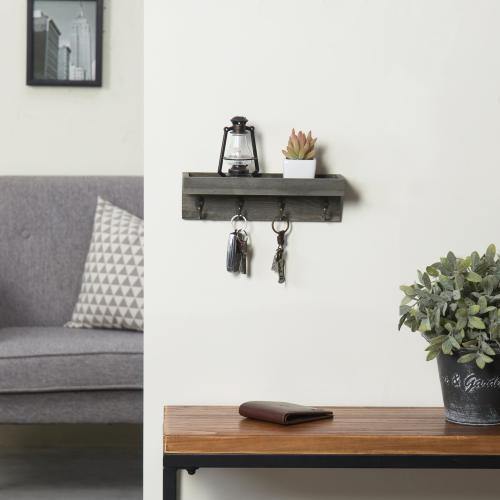 Vintage Grey Wood Wall Mounted Entryway Shelf with 4 Antique Metal Hooks - Mygiftss