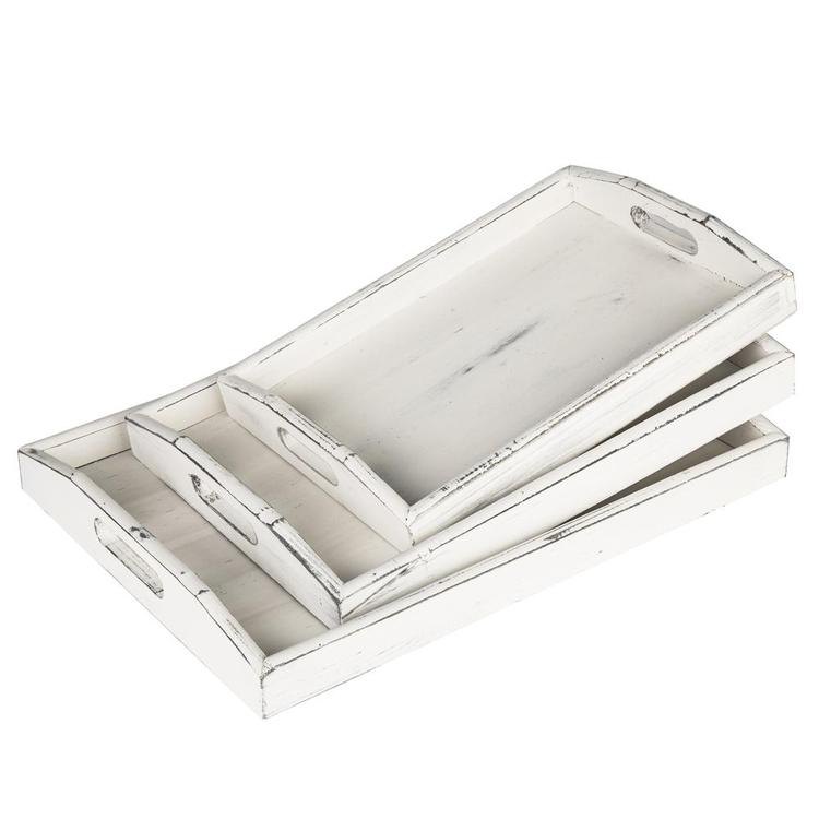 Vintage Rustic White Wood Nesting Serving Trays with Oval Cutout Handles, Set of 3 - Mygiftss Enterprise LLC