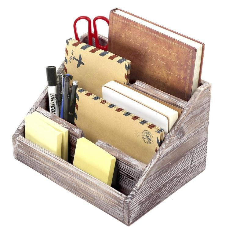 Decorative 4 Compartment Vintage Torched Wood Office Desk Stationery Organizer - Mygiftss Enterprise LLC