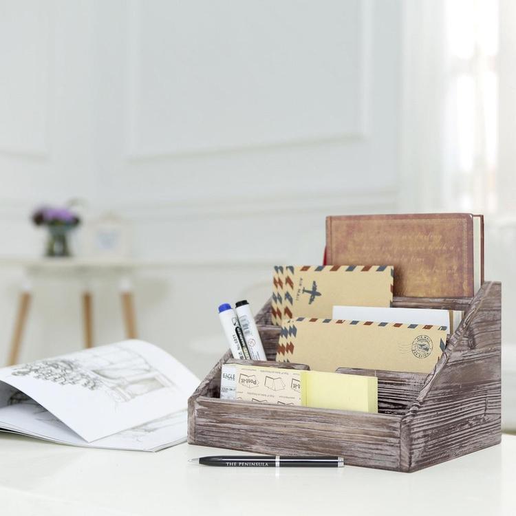 Decorative 4 Compartment Vintage Torched Wood Office Desk Stationery Organizer - Mygiftss Enterprise LLC