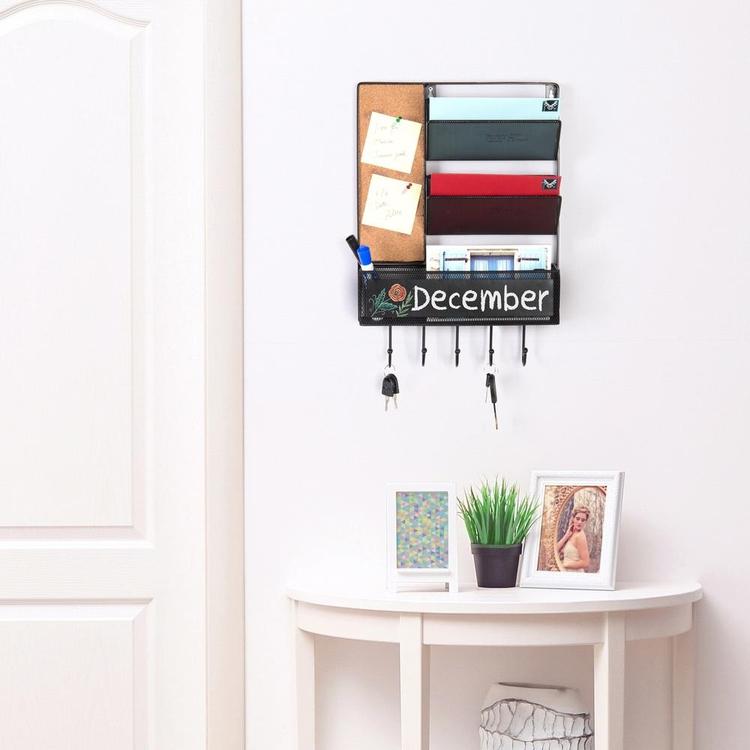 Wall Mounted Mesh Metal Hanging Mail Sorter w/ Chalkboard, Cork Board & Key Hooks, Black - Mygiftss Enterprise LLC