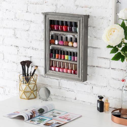 Wall-Mounted Vintage Gray Wood Nail Polish & Essential Oil Rack - Mygiftss