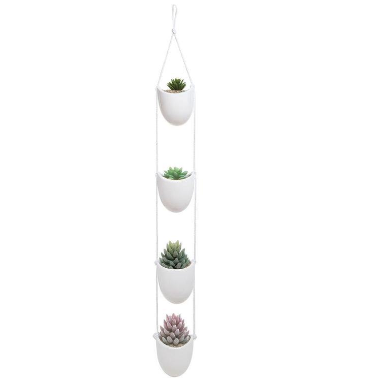 White Ceramic Rope Hanging Planter Set with 4 Containers - Mygiftss