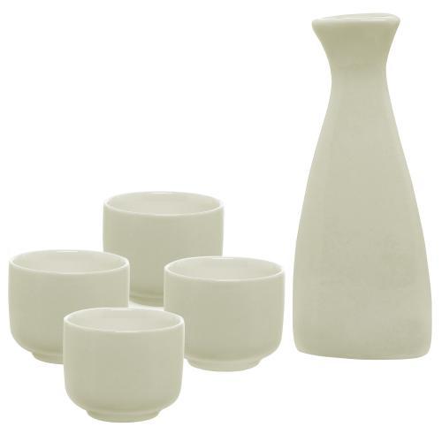 White Ceramic Sake Serving Carafe and 4 Cups - Traditional Japanese Style 5 Piece Gift Set - Mygiftss Enterprise LLC