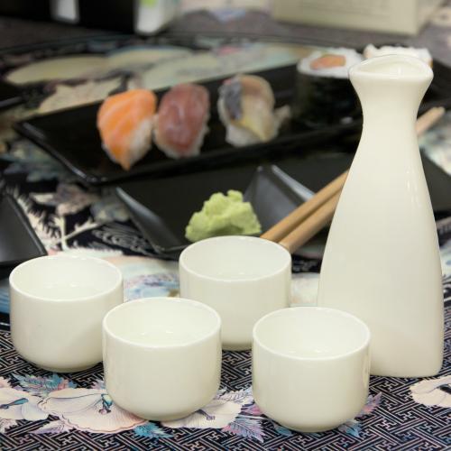 White Ceramic Sake Serving Carafe and 4 Cups - Traditional Japanese Style 5 Piece Gift Set - Mygiftss Enterprise LLC