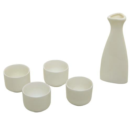 White Ceramic Sake Serving Carafe and 4 Cups - Traditional Japanese Style 5 Piece Gift Set - Mygiftss Enterprise LLC