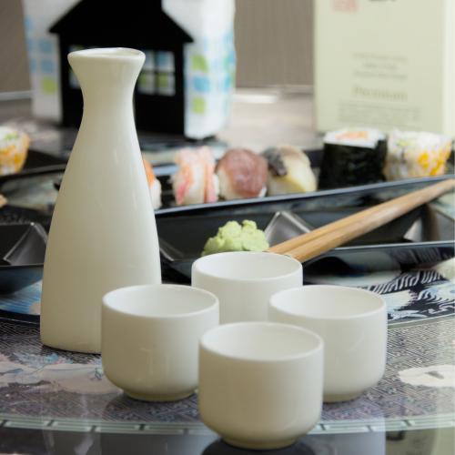 White Ceramic Sake Serving Carafe and 4 Cups - Traditional Japanese Style 5 Piece Gift Set - Mygiftss Enterprise LLC