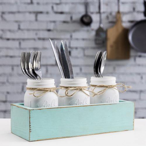White Glass Mason Jars in Vintage Aqua Blue Wood Box Tray - Mygiftss
