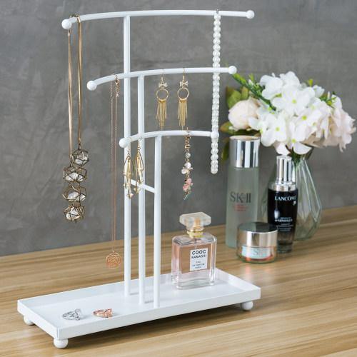 White Metal Curved T-Bar Jewelry Stand with Ring Tray - Mygiftss
