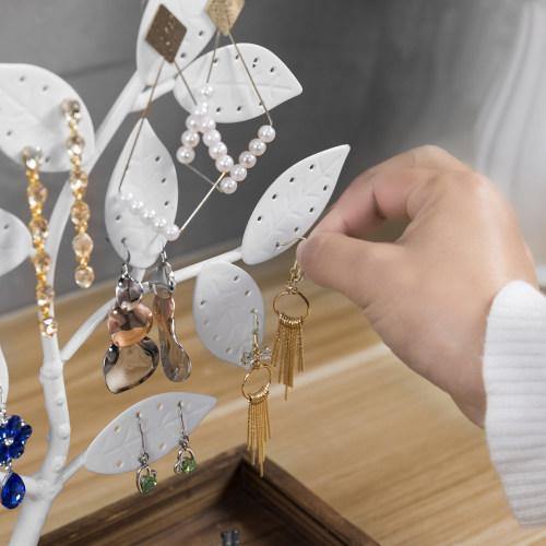 White Metal Jewelry Tree with Wooden Trinket Tray - Mygiftss
