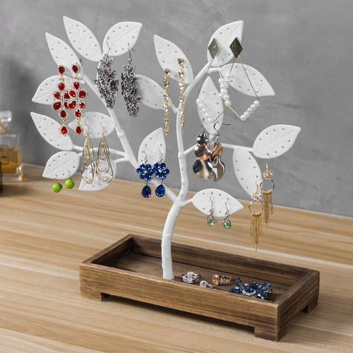 White Metal Jewelry Tree with Wooden Trinket Tray - Mygiftss