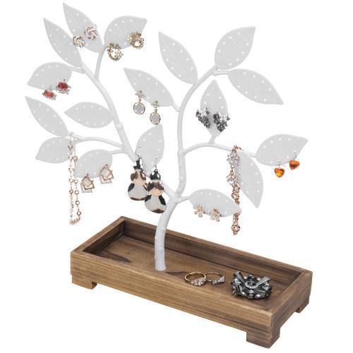White Metal Jewelry Tree with Wooden Trinket Tray - Mygiftss