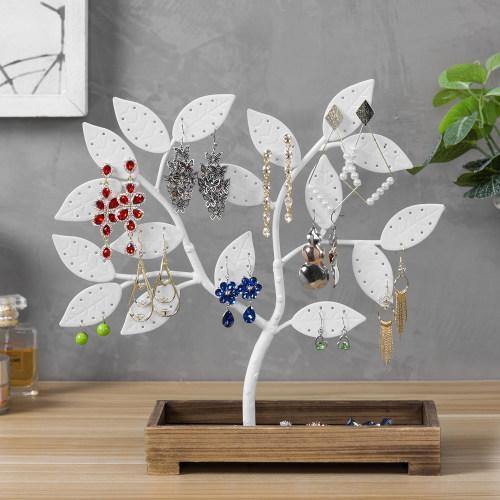 White Metal Jewelry Tree with Wooden Trinket Tray - Mygiftss