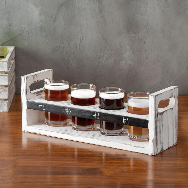 Rustic Antique White Wood 5 pc Craft Beer Flight Tasting Serving Set with 4 Glasses & Chalkboard Panel - Mygiftss Enterprise LLC