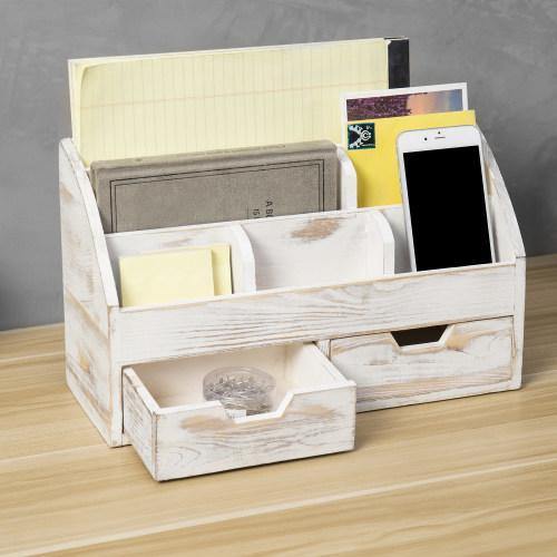 Whitewashed Wood Desktop Organizer with 2 Drawers - Mygiftss