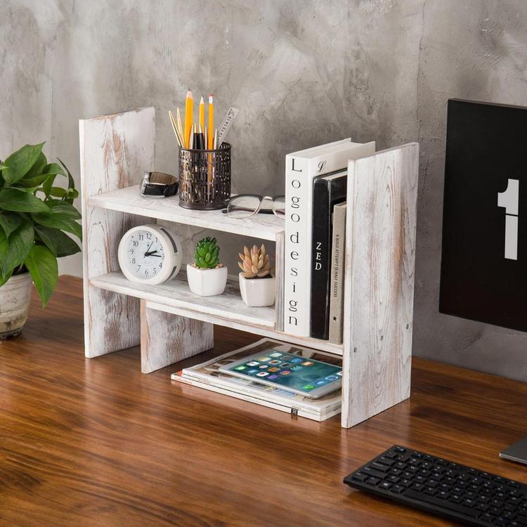 Whitewashed Wood Adjustable Desktop Office Organizer Display Shelf - Mygiftss Enterprise LLC