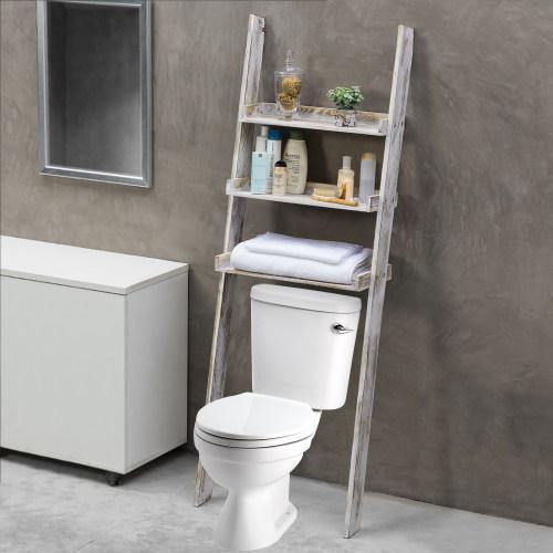 Whitewashed Wood Over-The-Toilet Ladder Shelf - Mygiftss