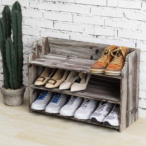 Rustic Torched Wood Shoe Rack - Mygiftss